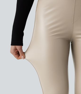 High Waisted Stretchy PU Fleece Casual Leggings with Pockets