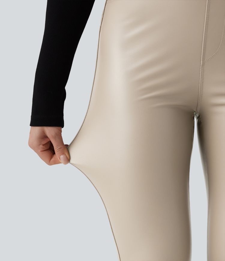 High Waisted Stretchy PU Fleece Casual Leggings with Pockets