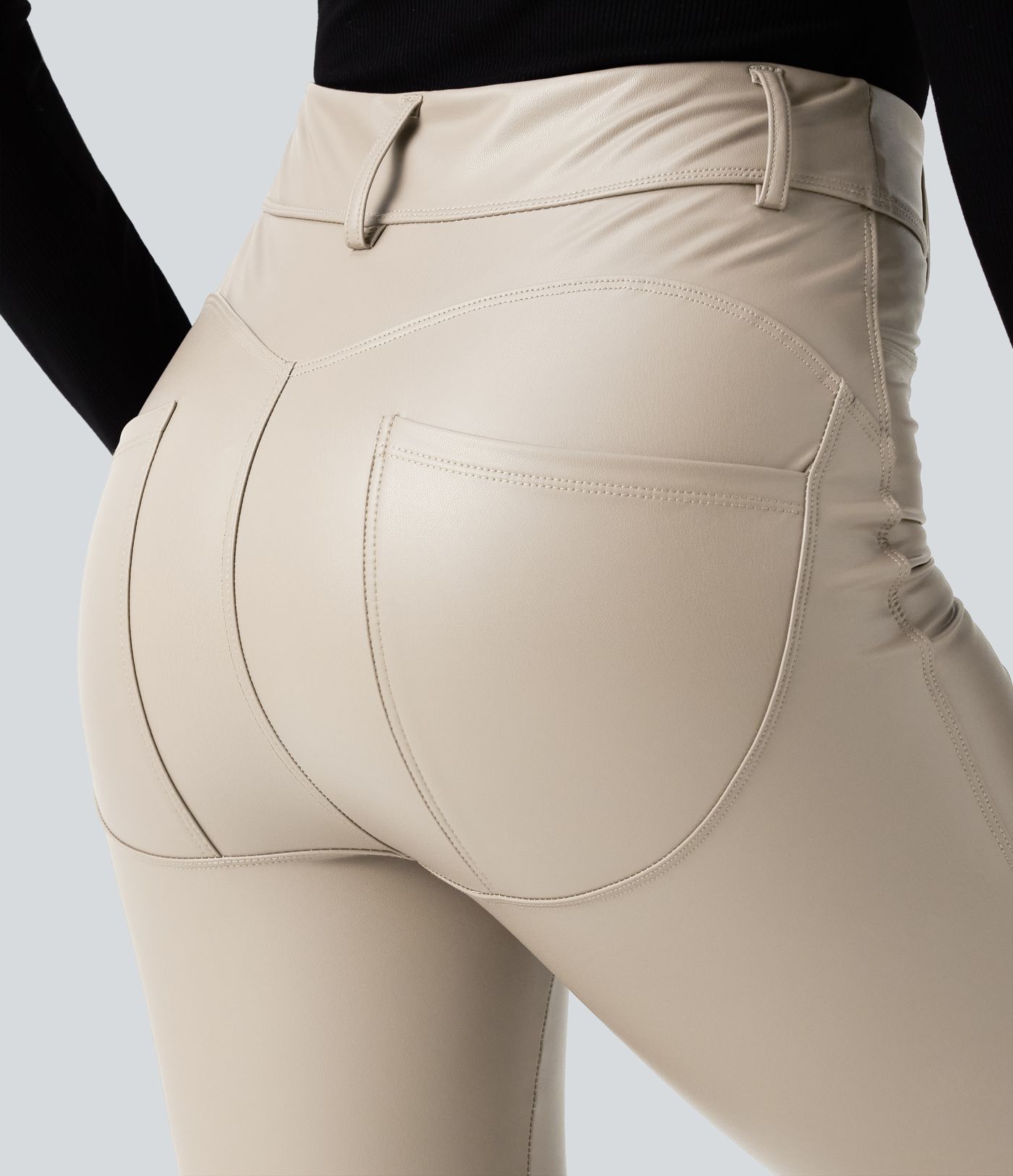 High Waisted Stretchy PU Fleece Casual Leggings with Pockets