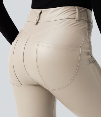 High Waisted Stretchy PU Fleece Casual Leggings with Pockets