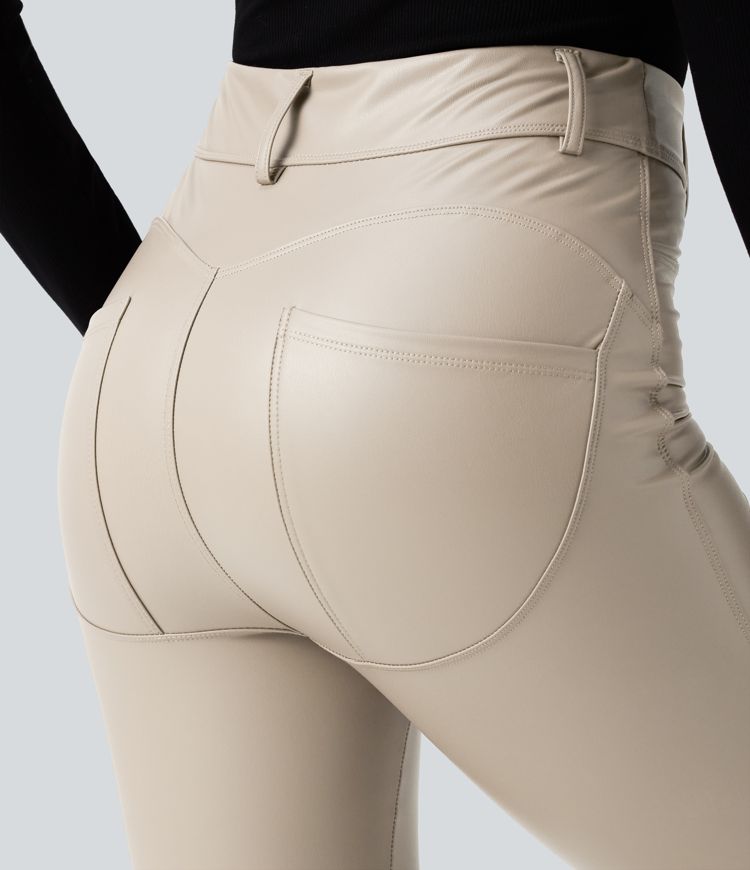 High Waisted Stretchy PU Fleece Casual Leggings with Pockets