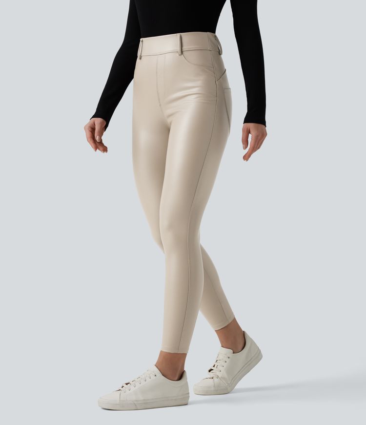 High Waisted Stretchy PU Fleece Casual Leggings with Pockets