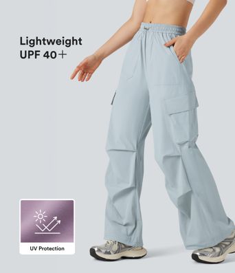 UV Protection Lightweight Breathable Mid Rise Cool Touch Wide Leg Cargo Drawstring Pants with Pockets-UPF40+