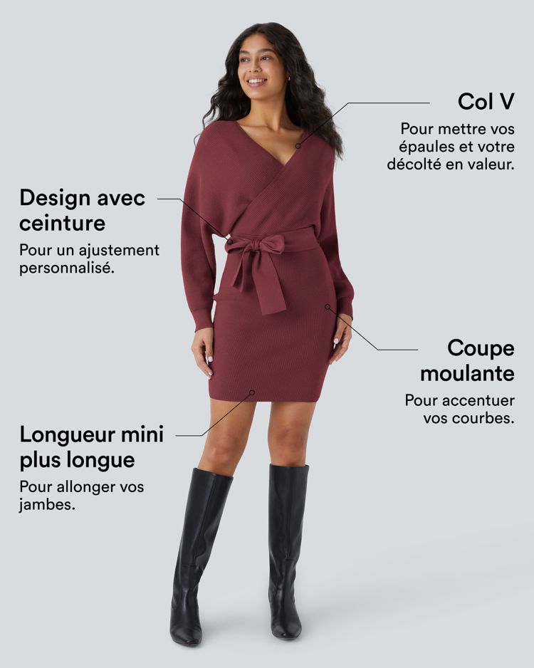 Robe-pull courte décontractée à col V croisé, manches chauve-souris longues et ceinture