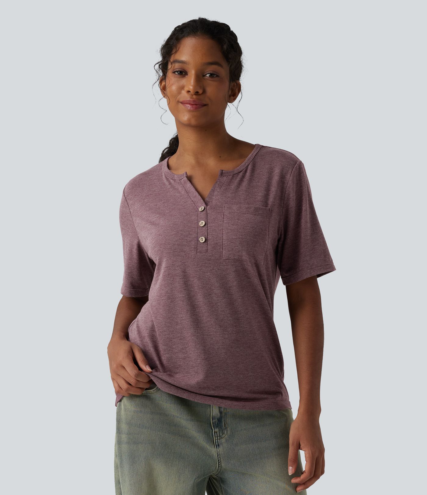 V-neck Short Sleeve Relaxed Heathered Casual T-Shirt