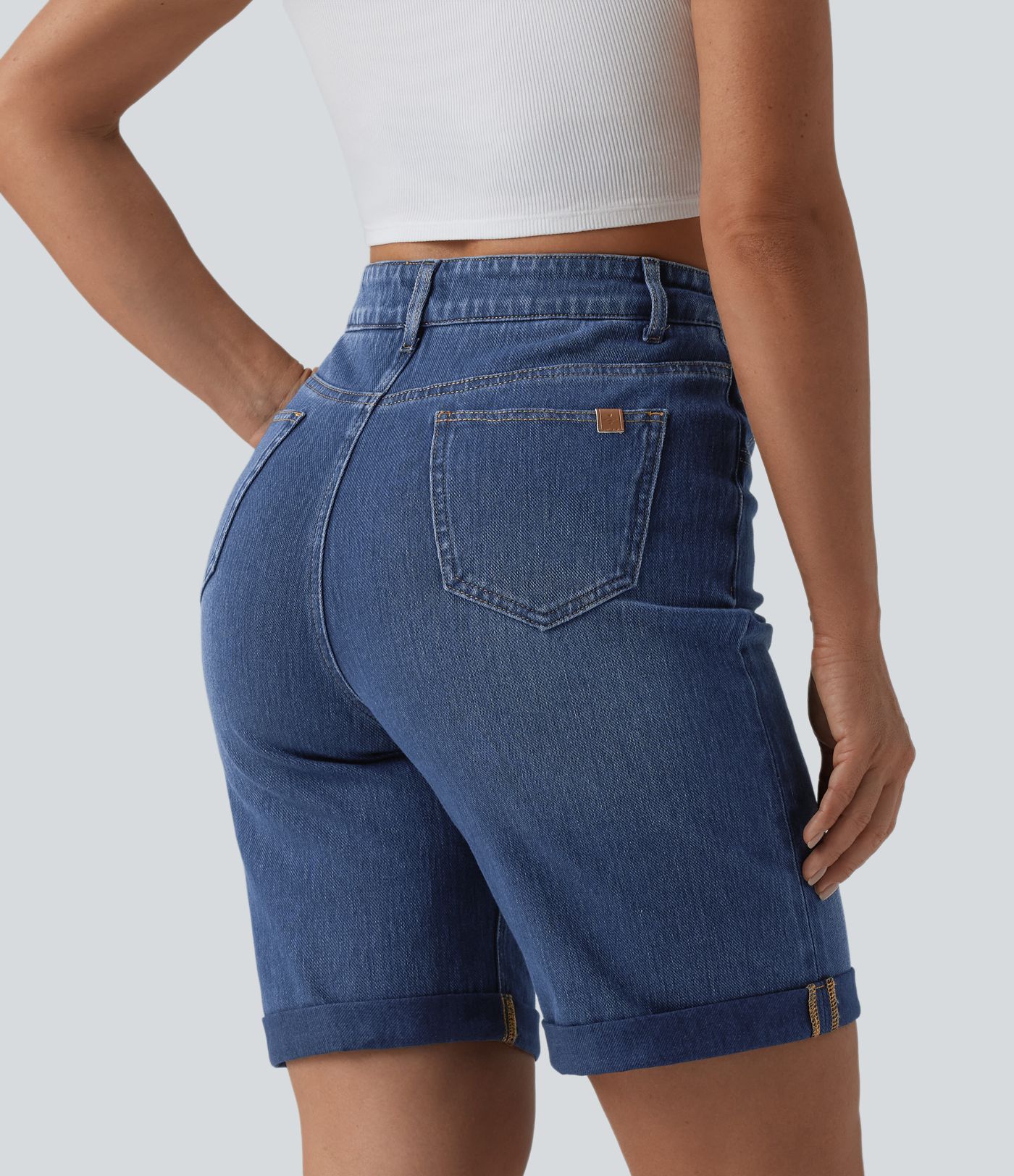 Halara Flex™ High Waisted Tummy Control Rolled Hem Washed Denim Casual Shorts with Pockets