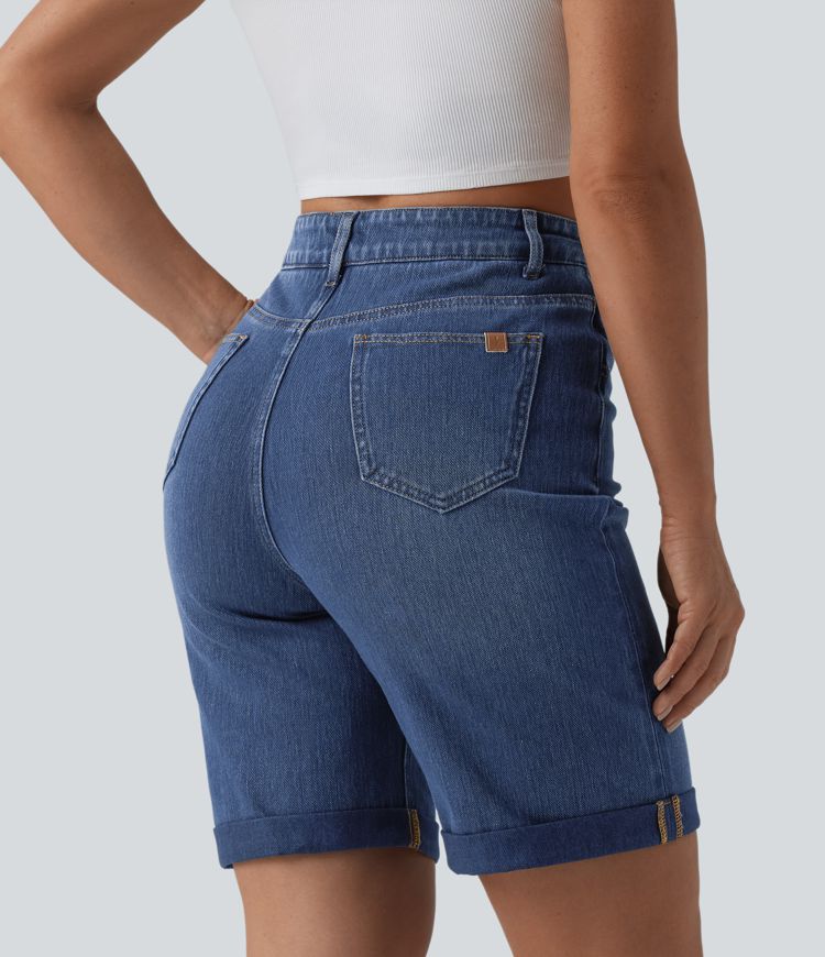 Halara Flex™ High Waisted Tummy Control Rolled Hem Washed Denim Casual Shorts with Pockets