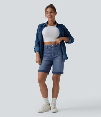 Halara Flex™ High Waisted Tummy Control Rolled Hem Washed Denim Casual Shorts with Pockets