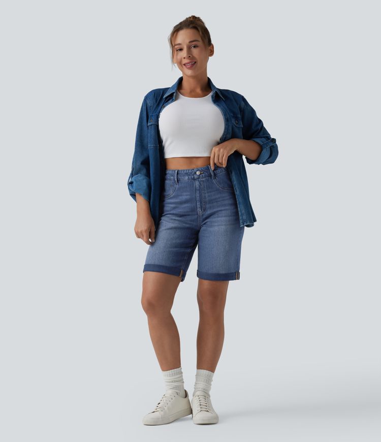Halara Flex™ High Waisted Tummy Control Rolled Hem Washed Denim Casual Shorts with Pockets