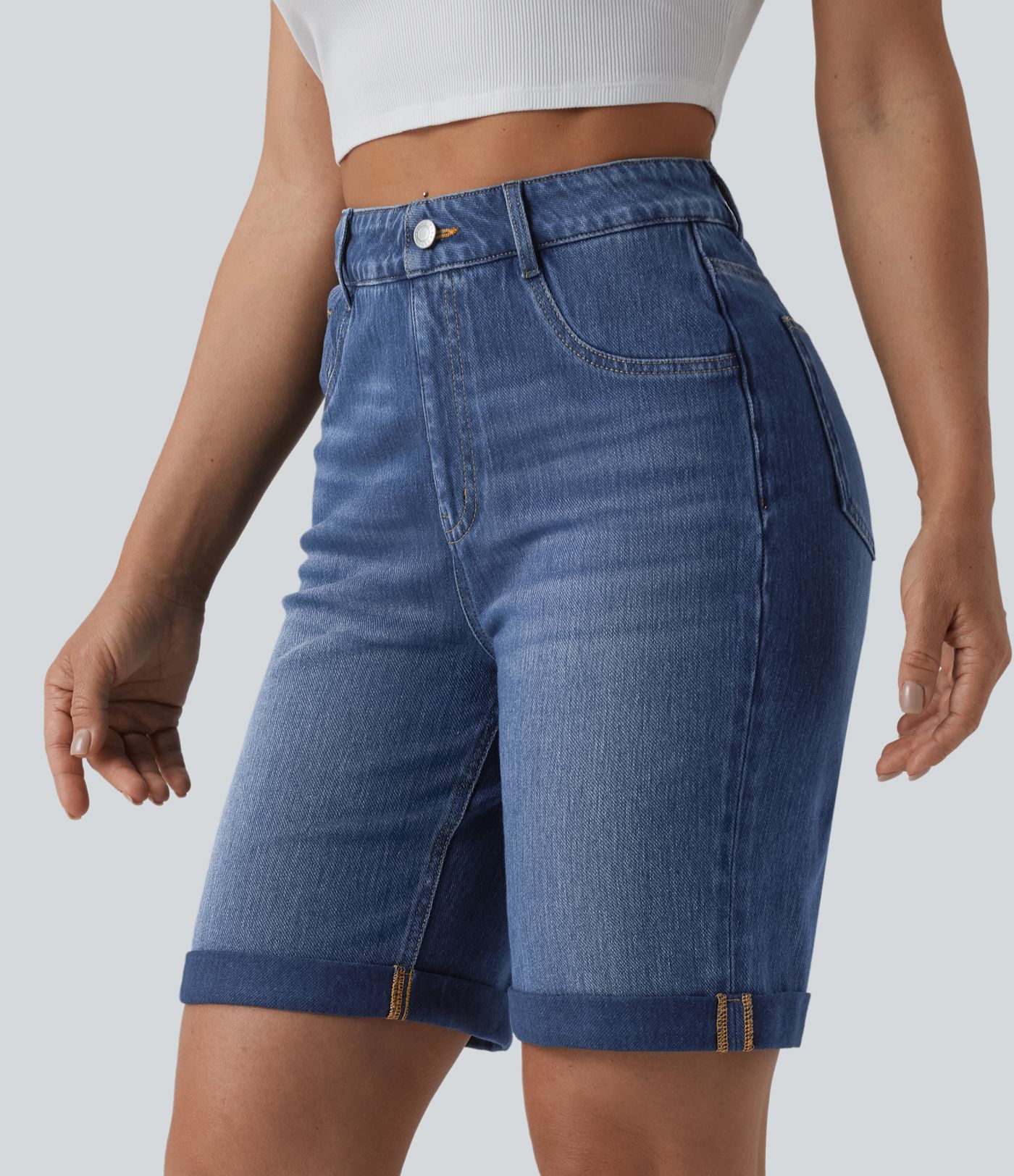 Halara Flex™ High Waisted Tummy Control Rolled Hem Washed Denim Casual Shorts with Pockets