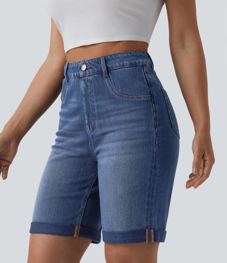 Halara Flex™ High Waisted Tummy Control Rolled Hem Washed Denim Casual Shorts with Pockets