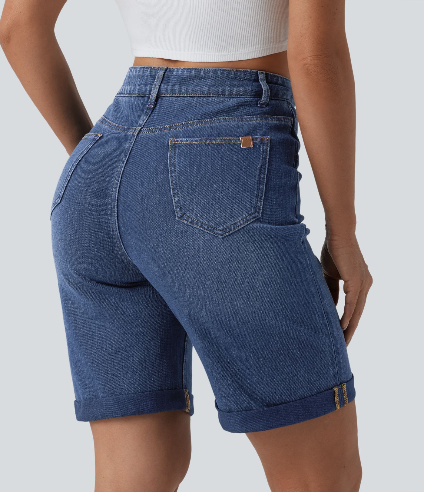 Halara Flex™ High Waisted Tummy Control Rolled Hem Washed Denim Casual Shorts with Pockets
