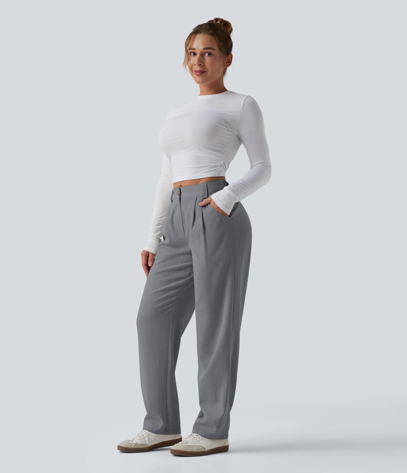 Mid Rise Casual Linen-Feel Trousers with Pockets