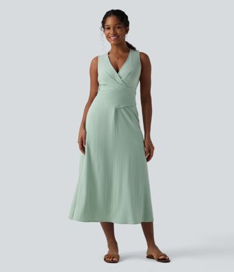 V Neck Sleeveless Tie Back Midi Linen-Feel Dress with Pockets