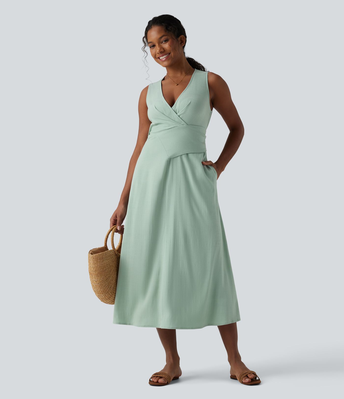 V Neck Sleeveless Tie Back Midi Linen-Feel Dress with Pockets