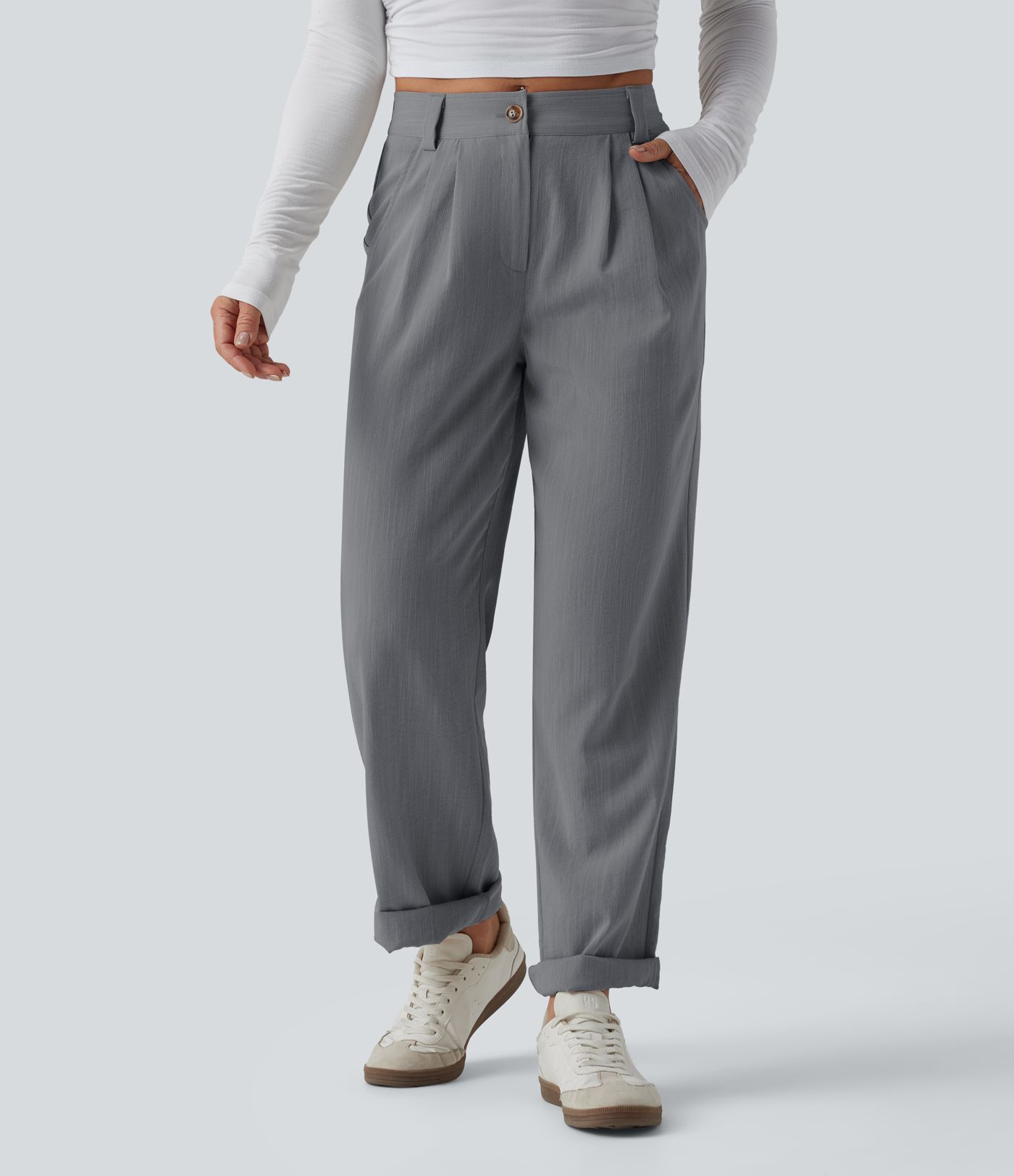 Mid Rise Casual Linen-Feel Trousers with Pockets