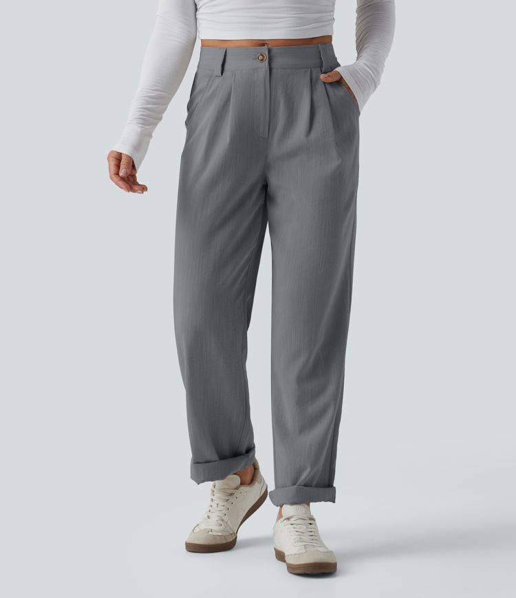 Mid Rise Casual Linen-Feel Trousers with Pockets