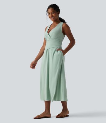 V Neck Sleeveless Tie Back Midi Linen-Feel Dress with Pockets