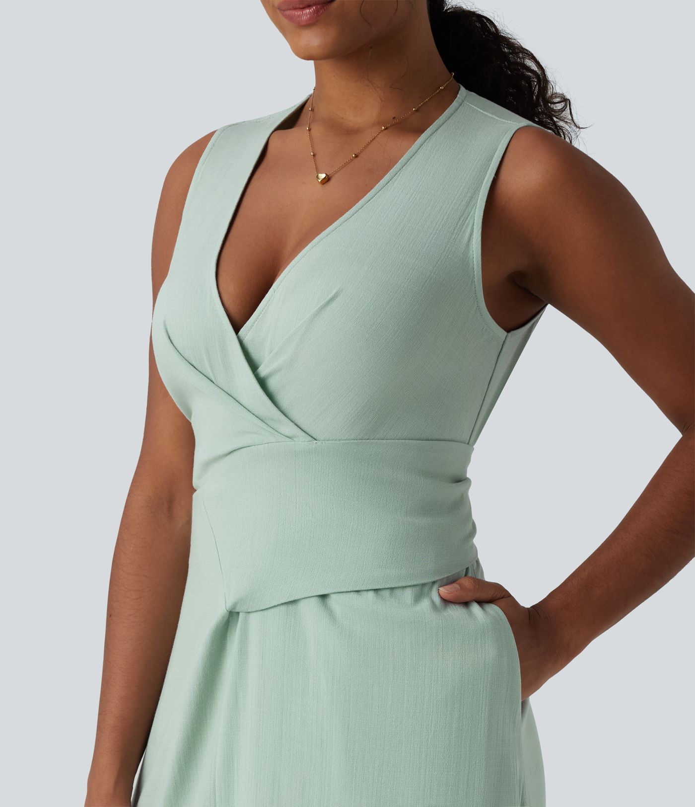 V Neck Sleeveless Tie Back Midi Linen-Feel Dress with Pockets