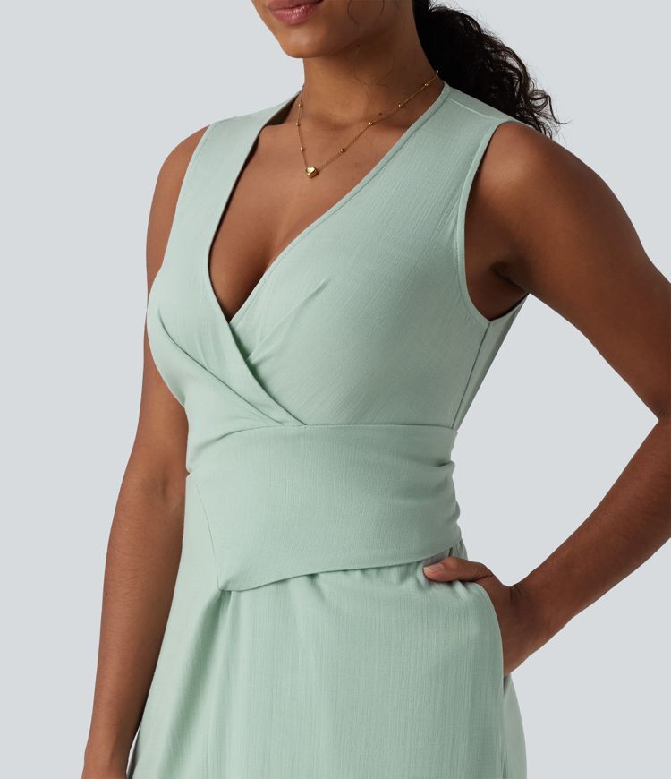 V Neck Sleeveless Tie Back Midi Linen-Feel Dress with Pockets