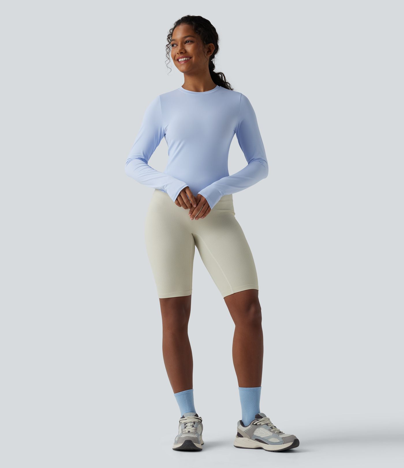 Round Neck Long Sleeve Thumb Hole Cool Touch Hiking Sports Top-UPF40+