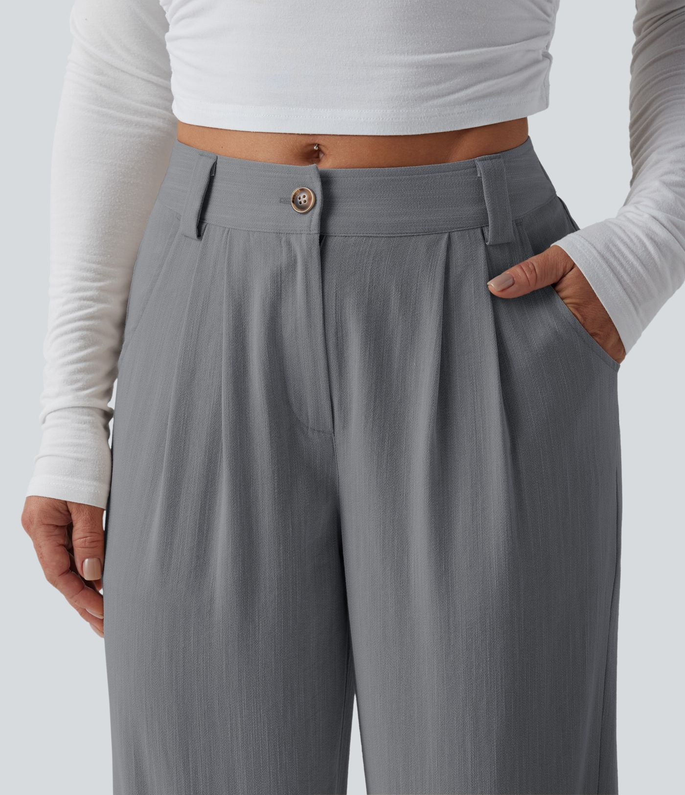 Mid Rise Casual Linen-Feel Trousers with Pockets