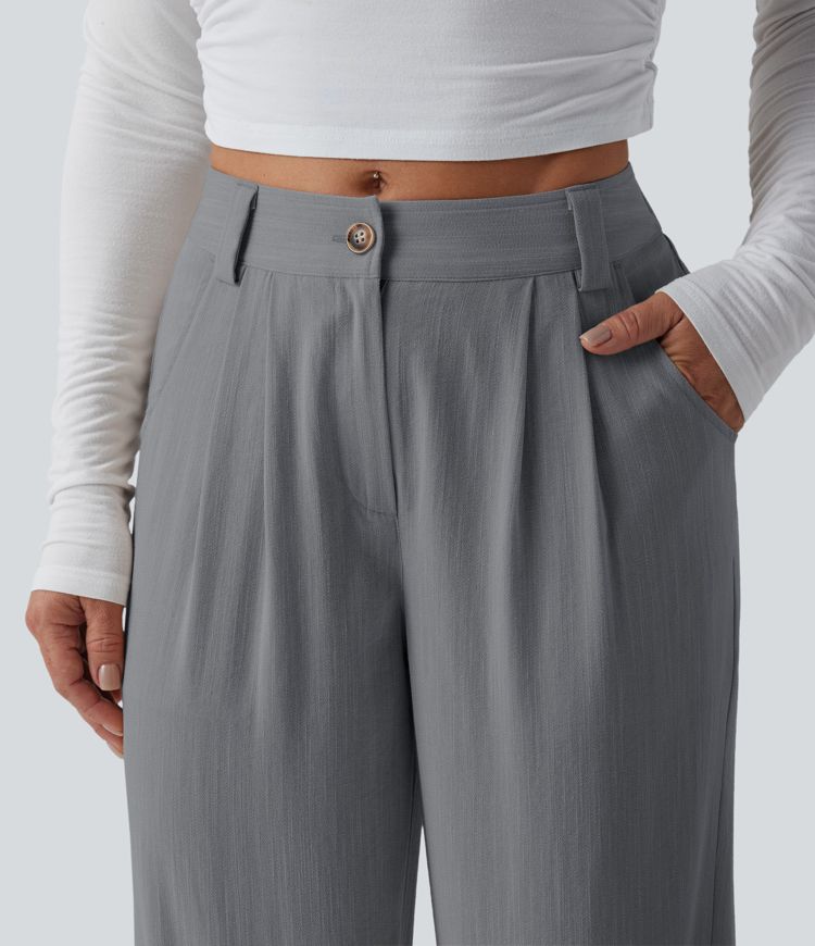 Mid Rise Casual Linen-Feel Trousers with Pockets