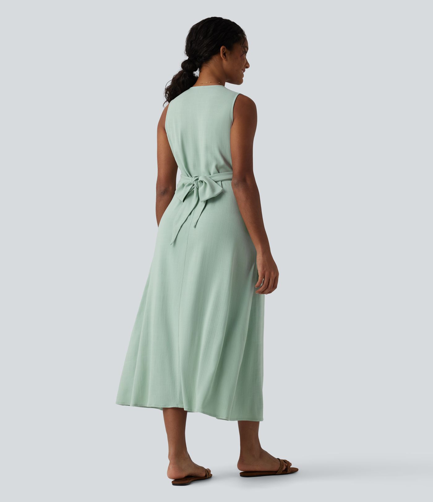 V Neck Sleeveless Tie Back Midi Linen-Feel Dress with Pockets