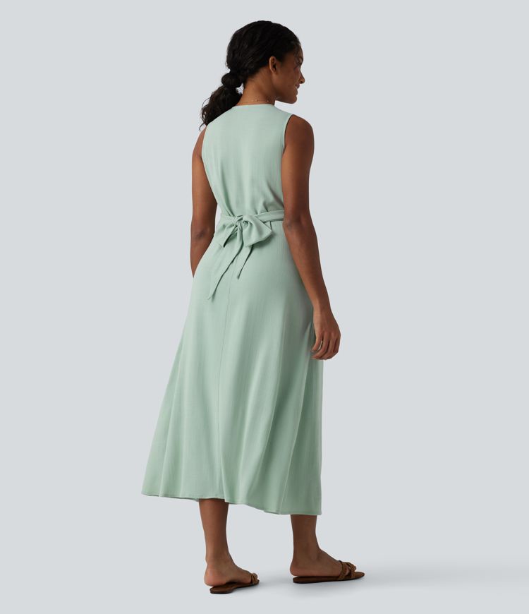 V Neck Sleeveless Tie Back Midi Linen-Feel Dress with Pockets