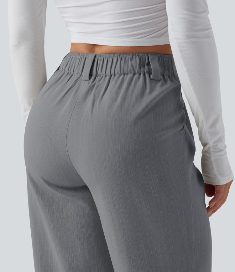 Mid Rise Casual Linen-Feel Trousers with Pockets