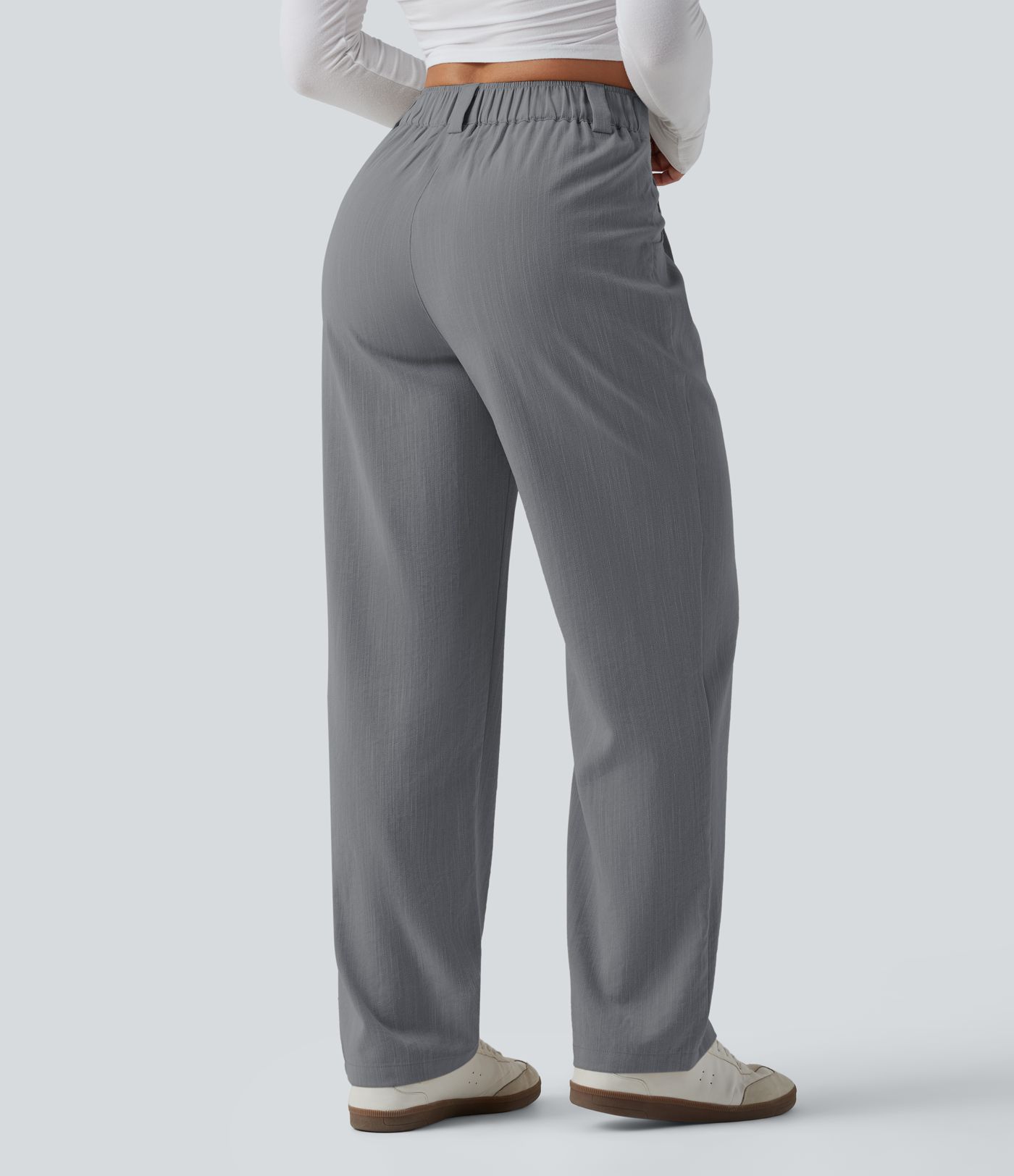 Mid Rise Casual Linen-Feel Trousers with Pockets