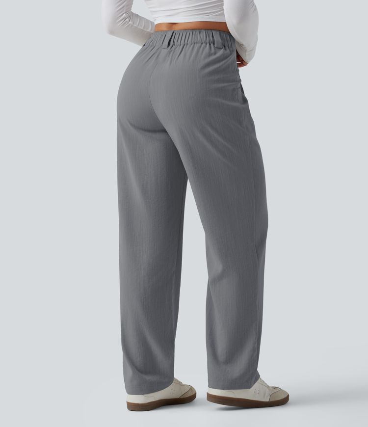 Mid Rise Casual Linen-Feel Trousers with Pockets