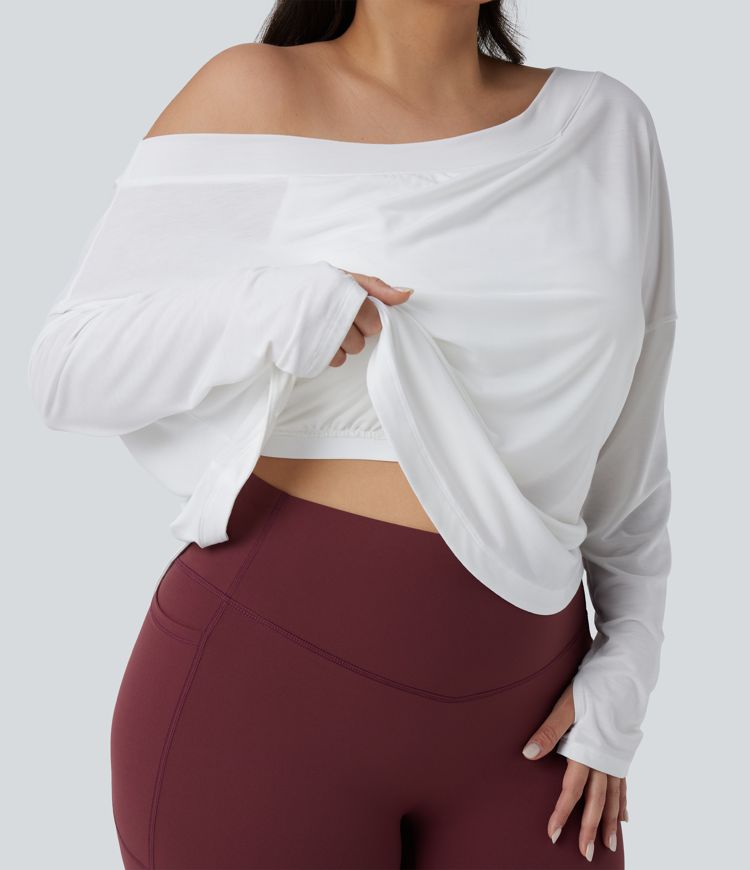 One Shoulder Long Sleeve Thumb Hole Curved Hem High Low Quick Dry Yoga Plus Size Sports Top-Built-in Bra