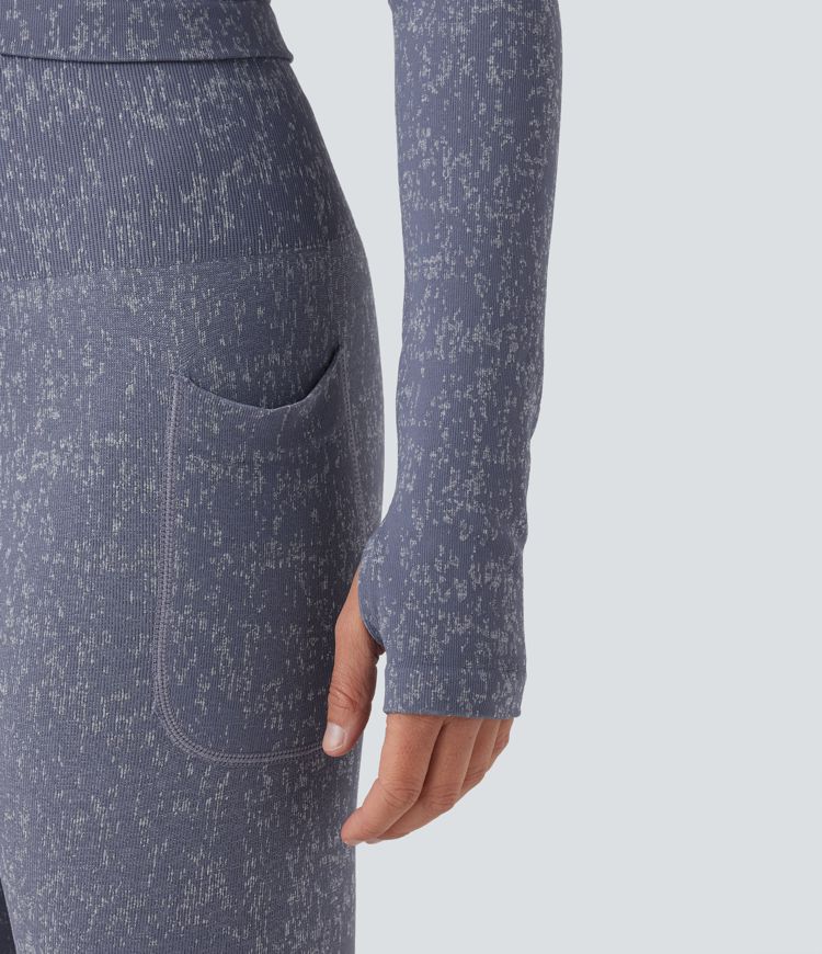 OneForm - Kurzes Yoga-Sport-Top mit V-Ausschnitt, langen Ärmeln, Daumenlöchern und nahtlosem Flow