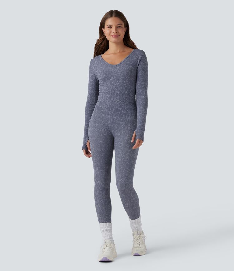 OneForm - Kurzes Yoga-Sport-Top mit V-Ausschnitt, langen Ärmeln, Daumenlöchern und nahtlosem Flow