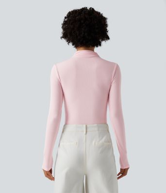 Ribbed Knit High-neck Cut-out Long Sleeve Skinny Work Bodysuit