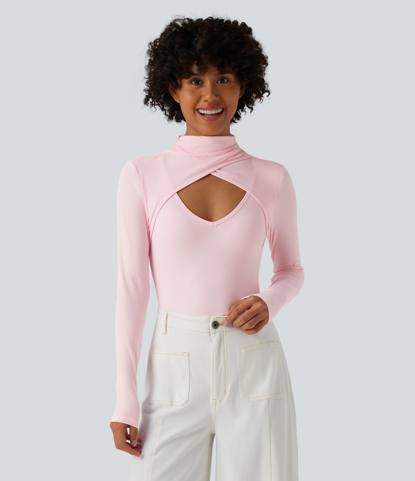 Ribbed Knit High-neck Cut-out Long Sleeve Skinny Work Bodysuit