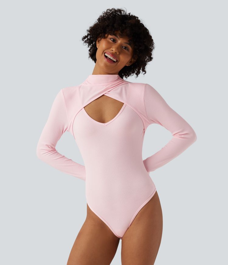 Ribbed Knit High-neck Cut-out Long Sleeve Skinny Work Bodysuit