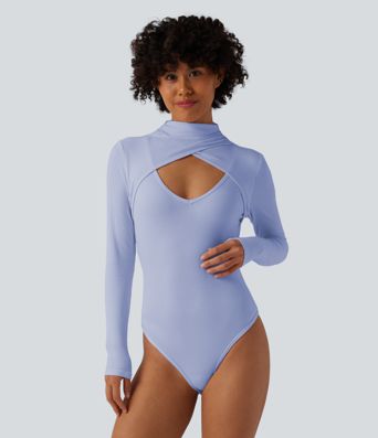 Figure-hugging ribbed knit work bodysuit with high slit, long sleeves and neckline