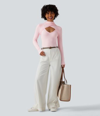 Ribbed Knit High-neck Cut-out Long Sleeve Skinny Work Bodysuit