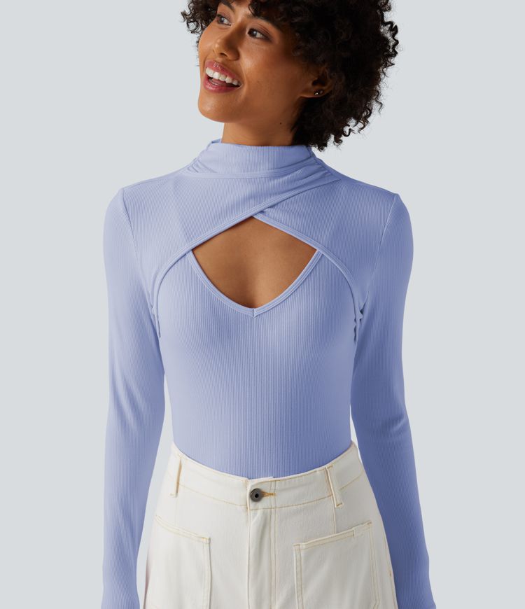 Figure-hugging ribbed knit work bodysuit with high slit, long sleeves and neckline