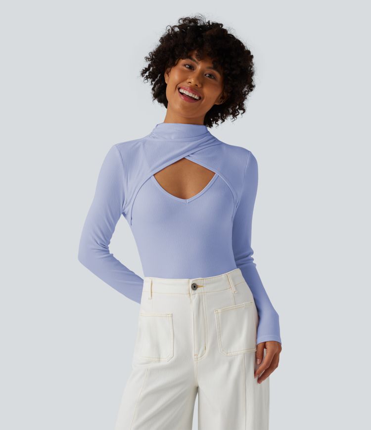 Figure-hugging ribbed knit work bodysuit with high slit, long sleeves and neckline