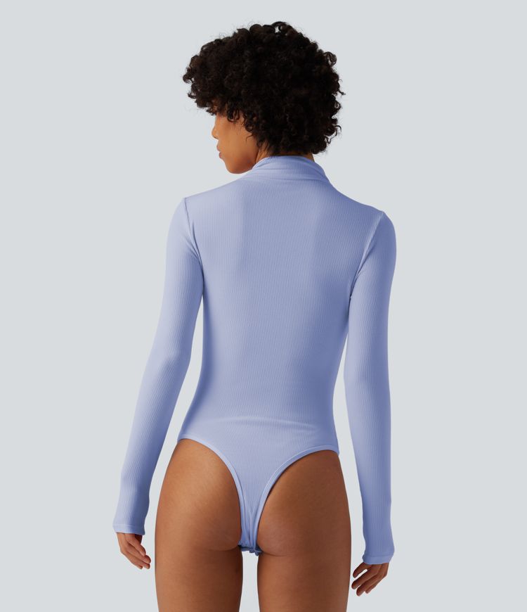 Figure-hugging ribbed knit work bodysuit with high slit, long sleeves and neckline