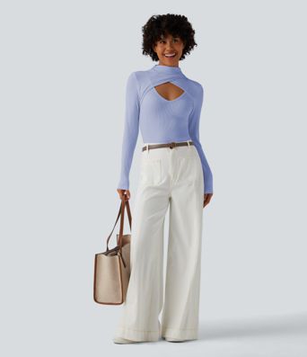 Figure-hugging ribbed knit work bodysuit with high slit, long sleeves and neckline