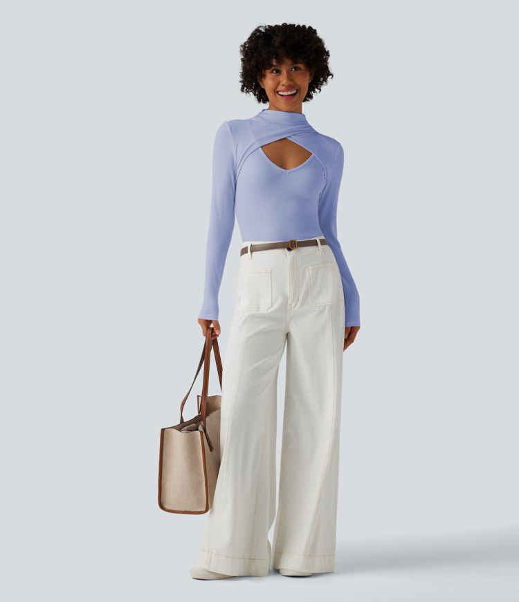 Figure-hugging ribbed knit work bodysuit with high slit, long sleeves and neckline