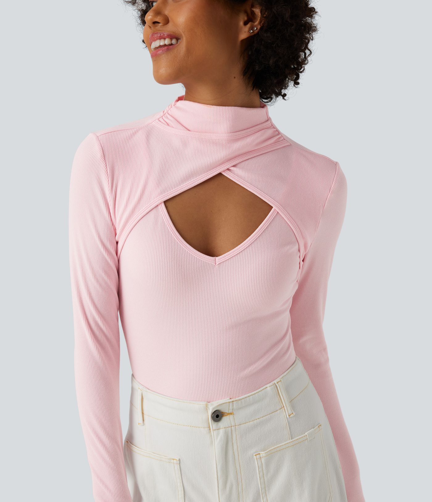 Ribbed Knit High-neck Cut-out Long Sleeve Skinny Work Bodysuit