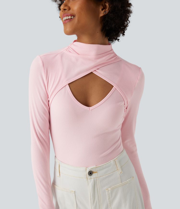 Ribbed Knit High-neck Cut-out Long Sleeve Skinny Work Bodysuit