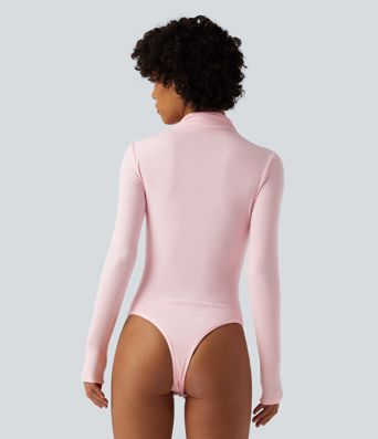 Ribbed Knit High-neck Cut-out Long Sleeve Skinny Work Bodysuit