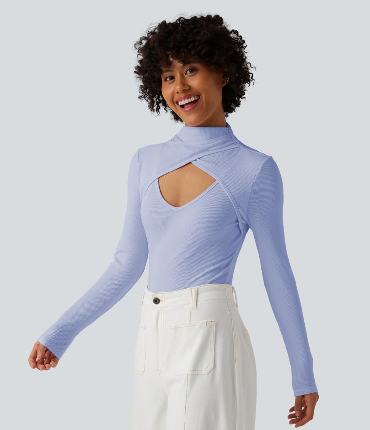 Figure-hugging ribbed knit work bodysuit with high slit, long sleeves and neckline