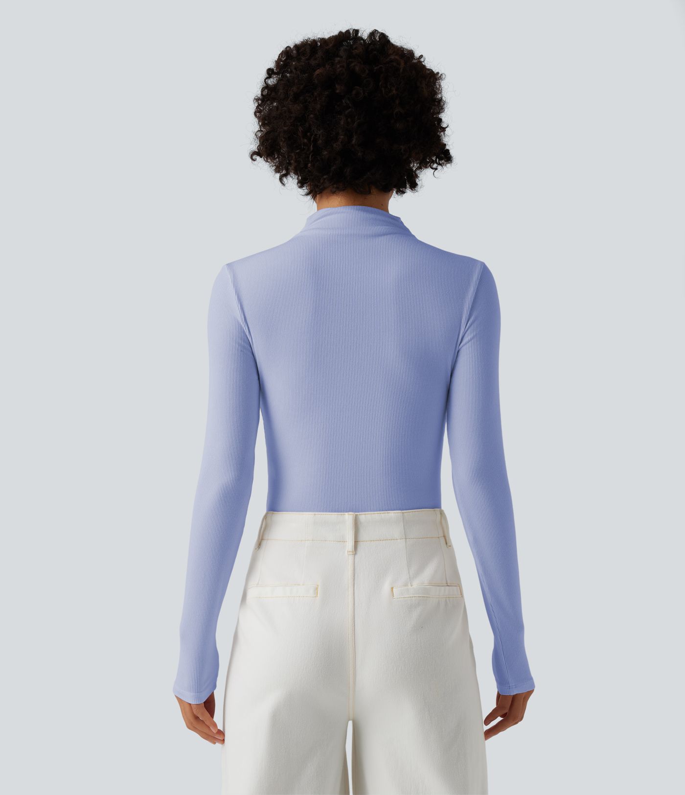 Figure-hugging ribbed knit work bodysuit with high slit, long sleeves and neckline